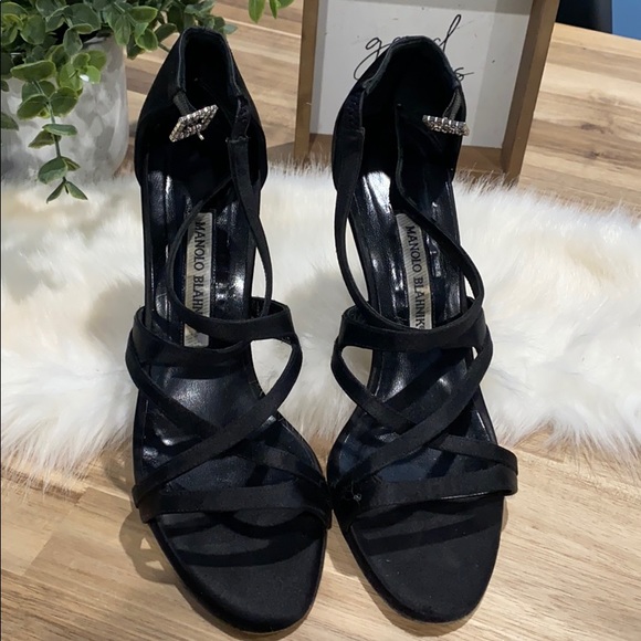 Manolo Blahnik Black Satin Strappy Heels - Picture 2 of 7